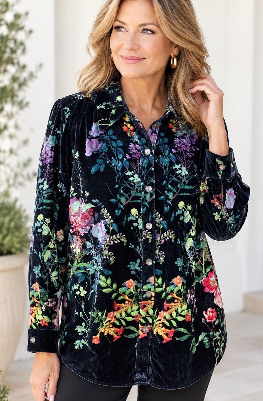 Soft Surroundings 1X Black Floral Velvet Botanical Button Up Tunic Top Blouse